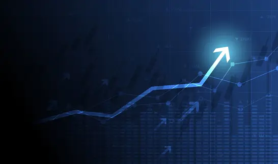 Aufwärtstrend im Börsenchart mit blauer Linie als Symbol für die Rally im NASDAQ-100