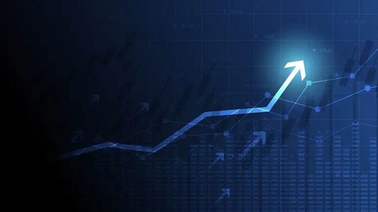 Aufwärtstrend im Börsenchart mit blauer Linie als Symbol für die Rally im NASDAQ-100