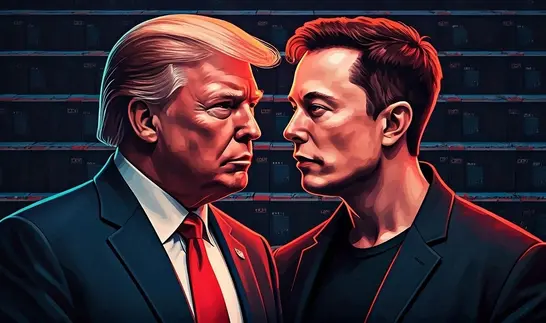 KI-generiertes Porträt von Donald Trump und Elon Musk, die sich gegenüberstehen, umgeben von Batterien für Elektrofahrzeuge